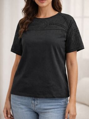 Ralph Lauren Black Short-Sleeve Eyelet Yoke Tee
